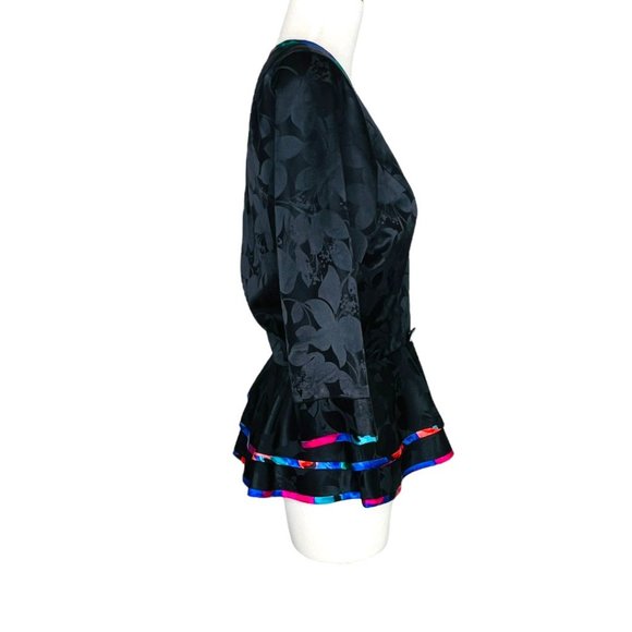 80s AJ Bari Jacquard Peplum Jacket 100% Silk Floral Piping Size 10 Vintage - Picture 3 of 10